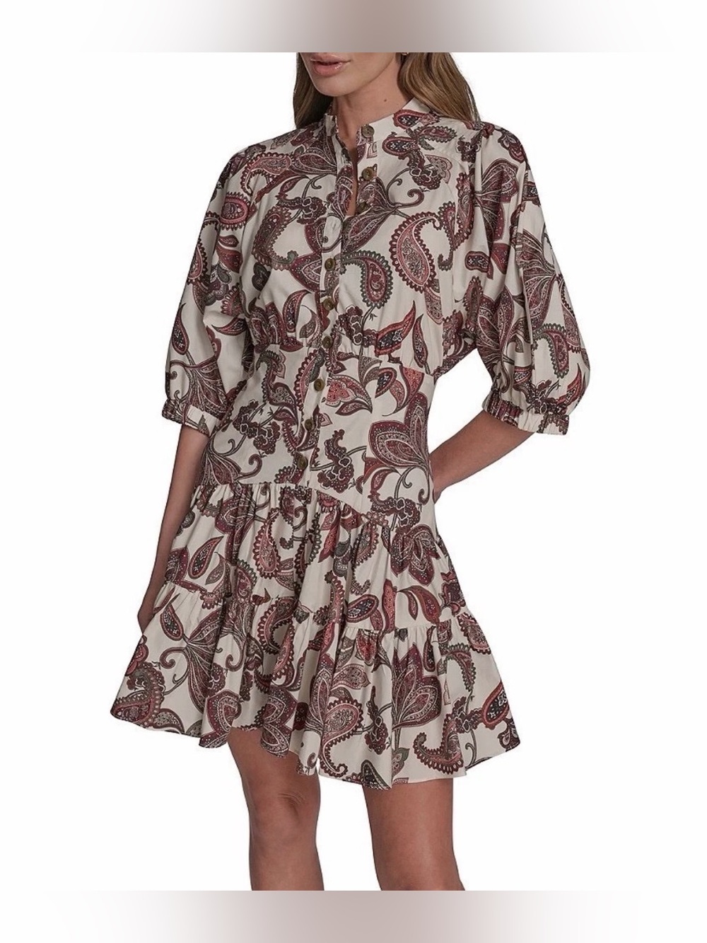 BCBG Paisley Button-Front Mini Dress in Cream and Brown